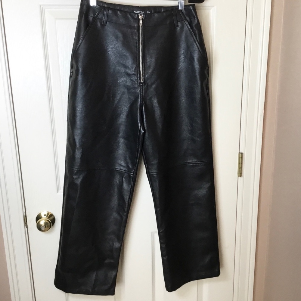 Nasty Gal Black Faux Leather Wide Leg Cropped Trousers - Size 4